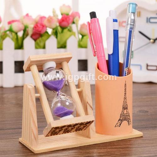 Sand glass wooden pen container