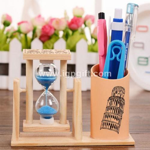Sand glass wooden pen container